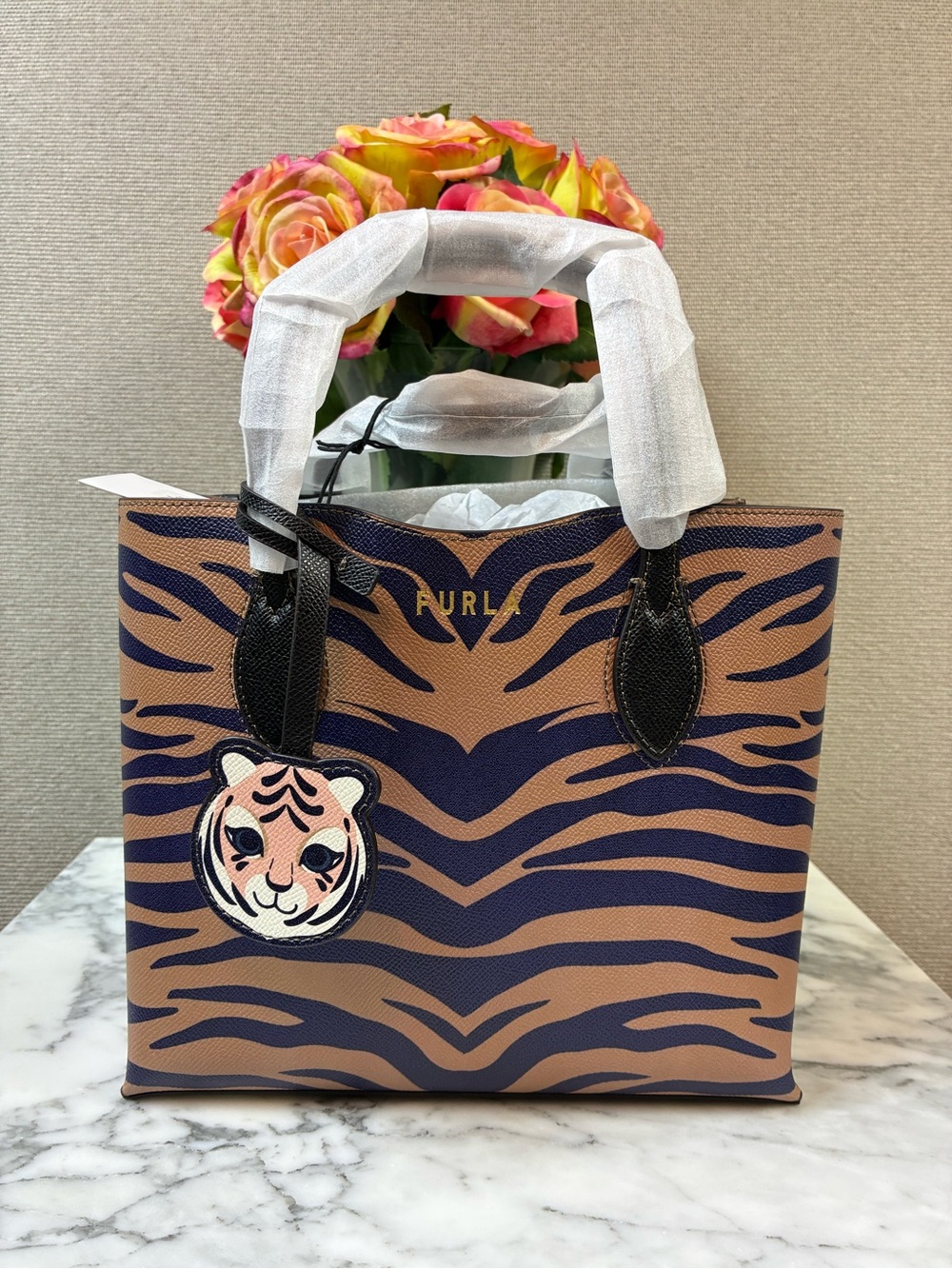 Furla Tiger Striped Leather Small Tote Bag - Rare NWT w/ Tiger Hangtag